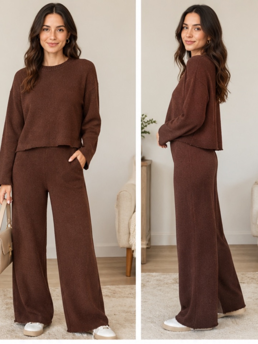 Zara Chocolate Brown Wide-Leg Knit Pants & Top Set